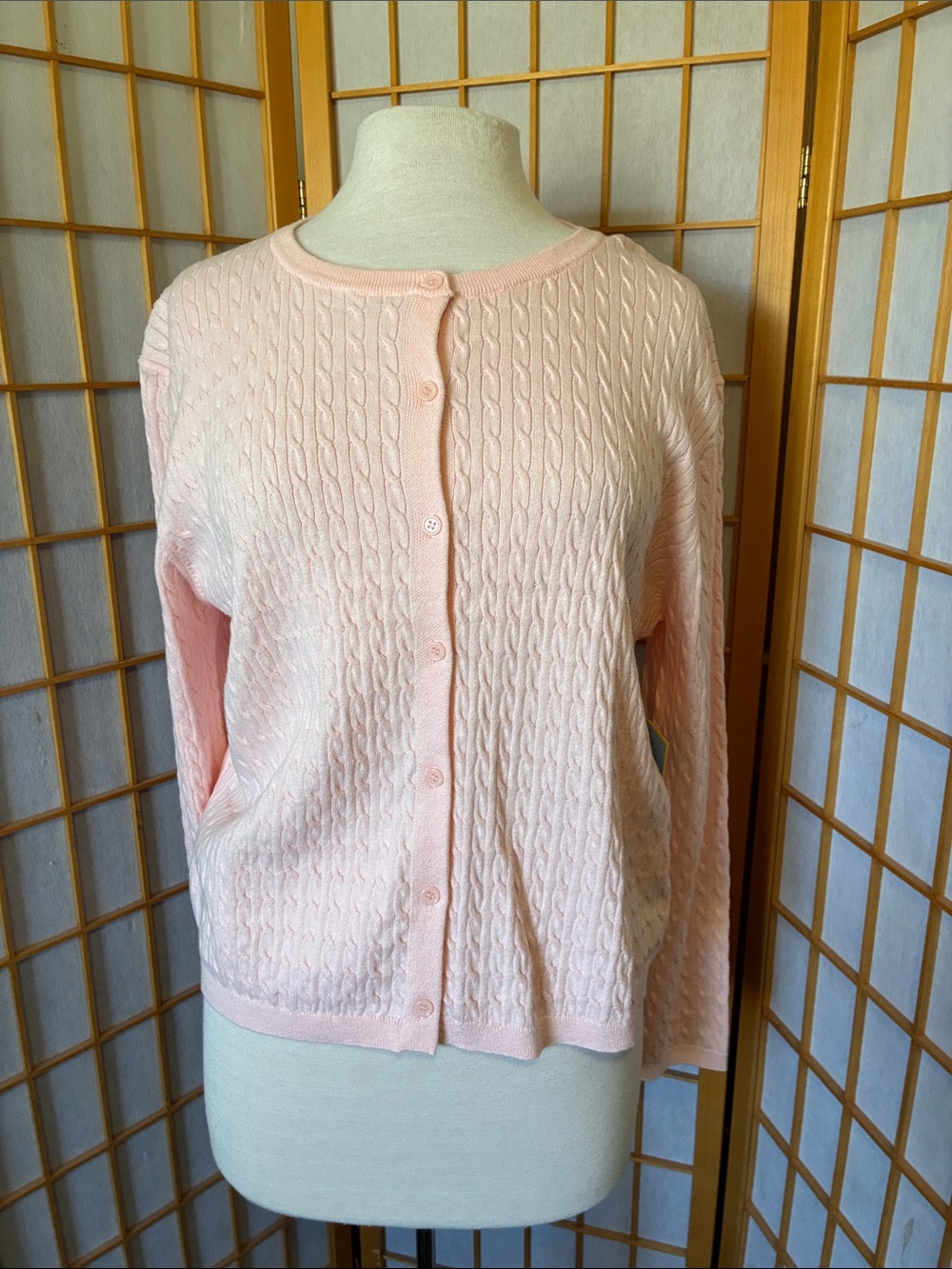 Light Pink Cable-Knit Button-Front Women's Sweater Cardigan